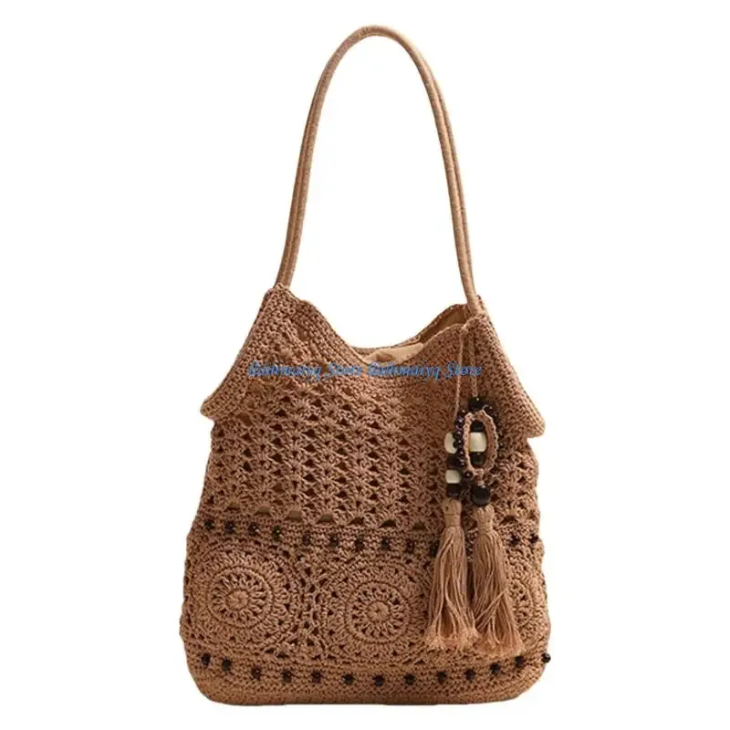 sac voyage polyester coton tricoté beige motifs floraux perles noires bandoulière femme plage activités plein air polyvalent