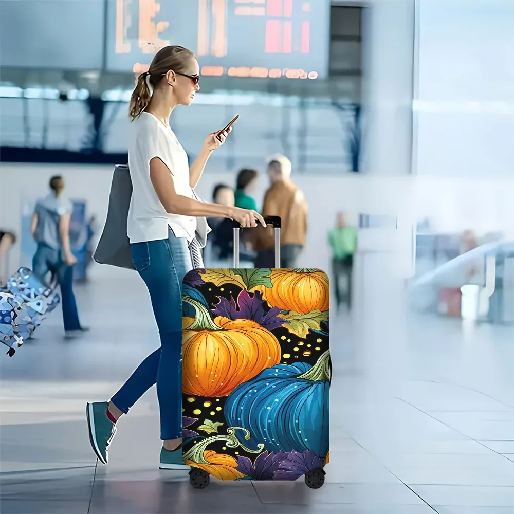 housse valise polyester motif citrouilles orange bleues fond noir feuilles vertes violet protection voyage