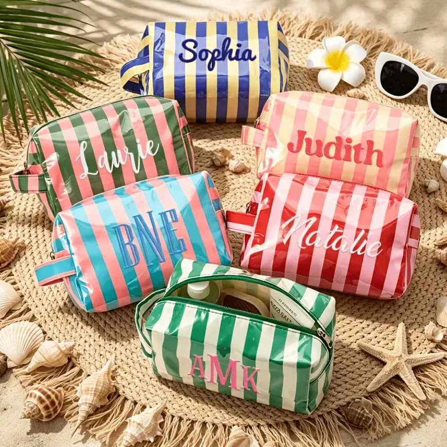 pochette cosmétique rayée personnalisée, imperméable, multifonctionnelle, portable, idéale pour les voyages, parfaite pour les mariages et les cadeaux de plage d'été