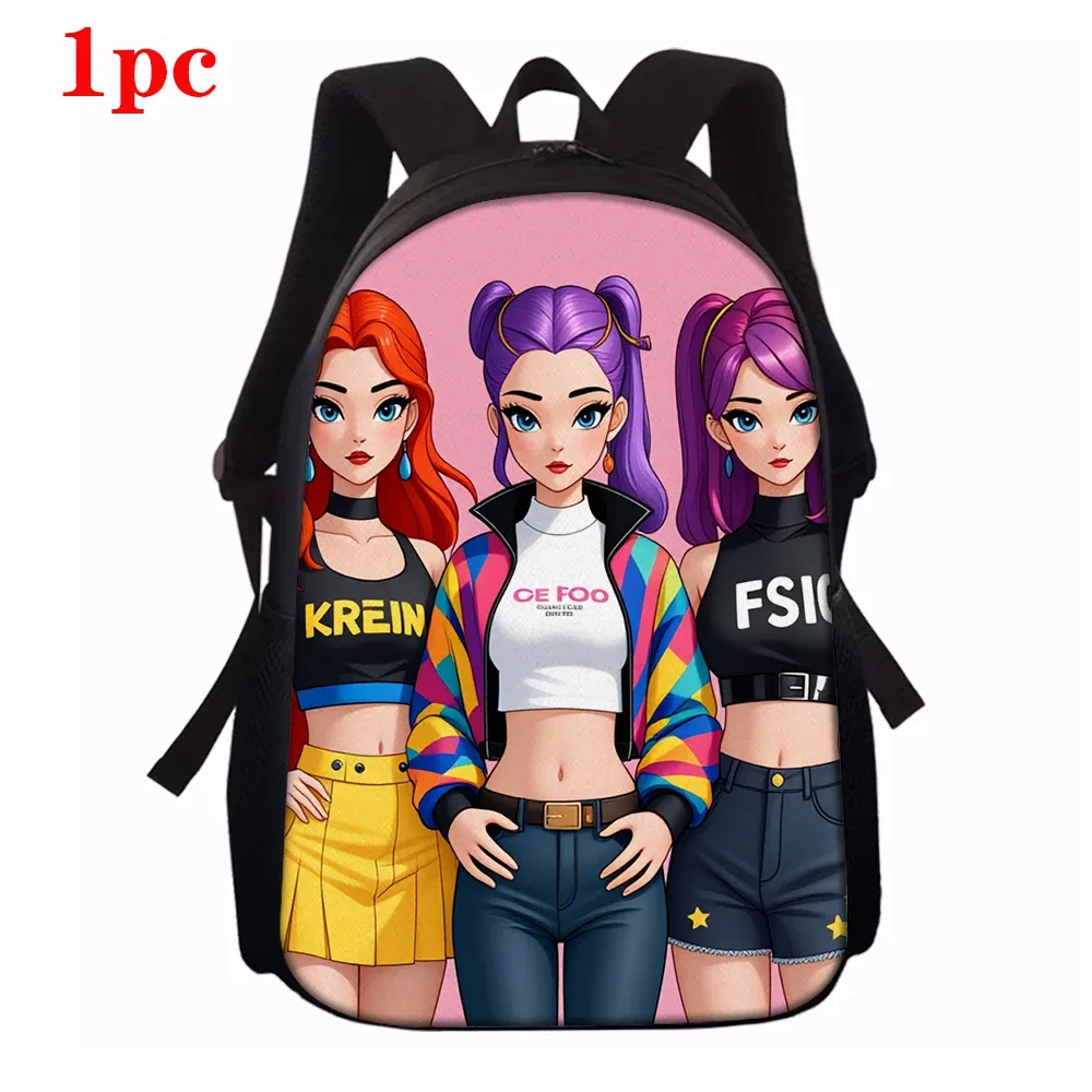 sac dos polyester dessin animes personnages stylisés fonds rose noirs accents couleurs vivantes transport journalier