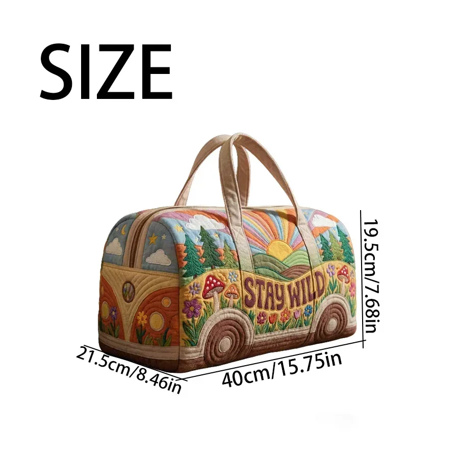 sac de voyage matelassé 3d style hippie, sac de voyage van « stay wild », sac de week-end style bohème pour voyage, gym, shopping