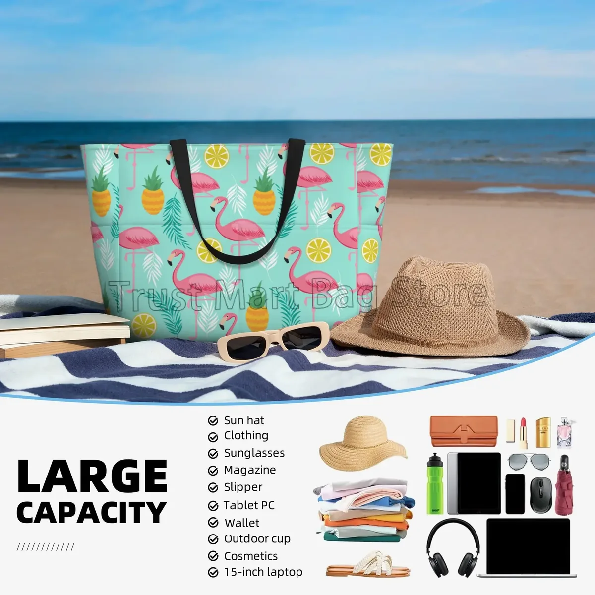 grand sac fourre-tout de plage imprimé flamant rose pour femmes, sac de voyage portable, sac de piscine étanche et résistant au sable pour la natation, la salle de sport, les vacances d'épicerie