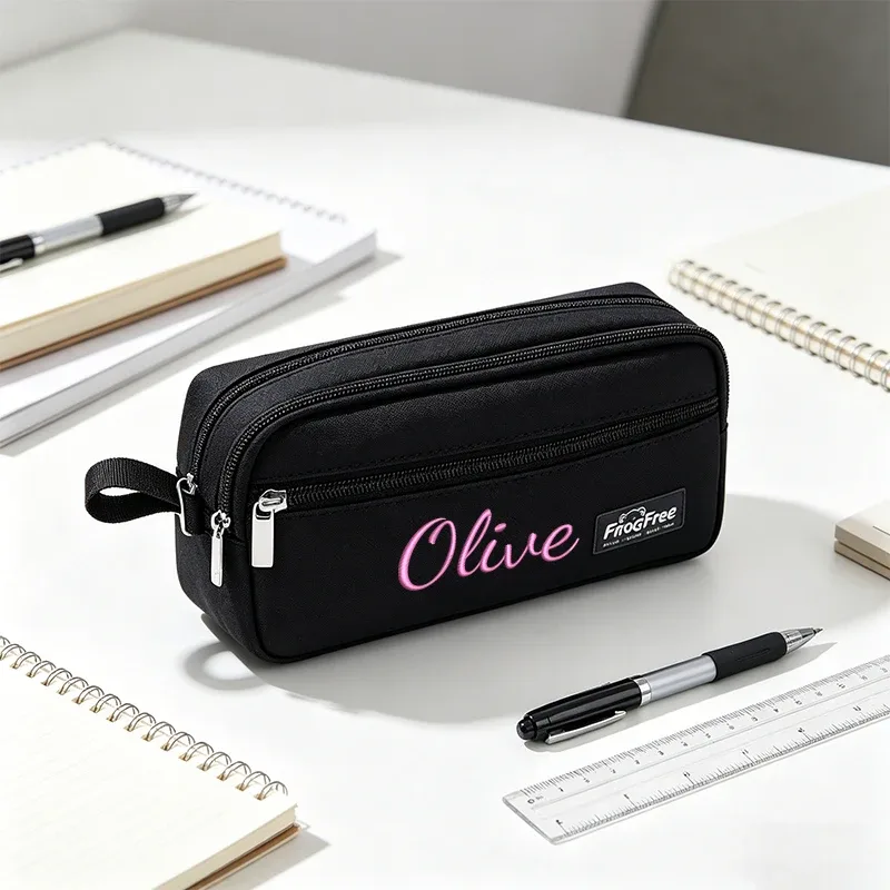 trousse polyester solide personnalisation lettres dorées compartiments maquillage voyage noir bleu rouge gris kaki