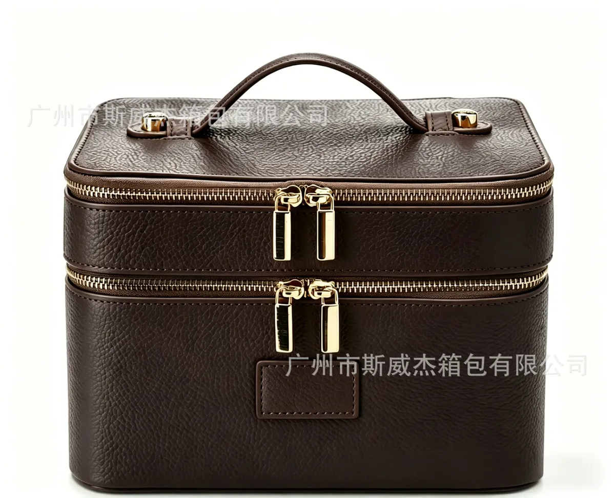 nouvelle trousse de maquillage double couche en cuir pu imperméable grande capacité haut de gamme, sac de voyage et de rangement pour cosmétiques