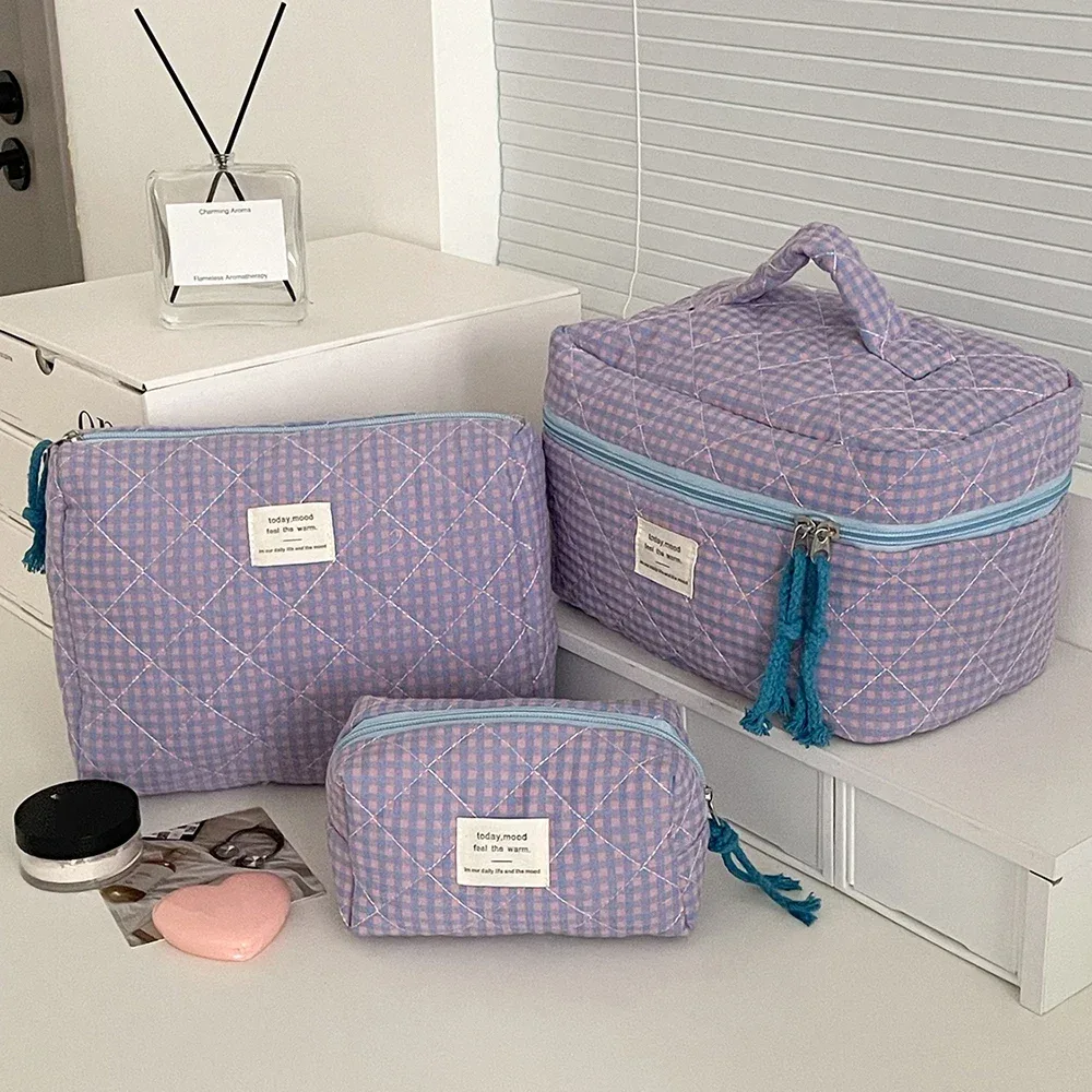 organisateur voyage polyester treillis diamant lavande relief boîte femmes maquillage compression sacs cosmétiques trousse toilette