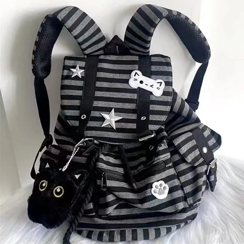 sac à dos rayé style coréen y2k décontracté avec cordon de serrage, grande capacité, polyvalent, pour étudiantes, filles et femmes, style kpop