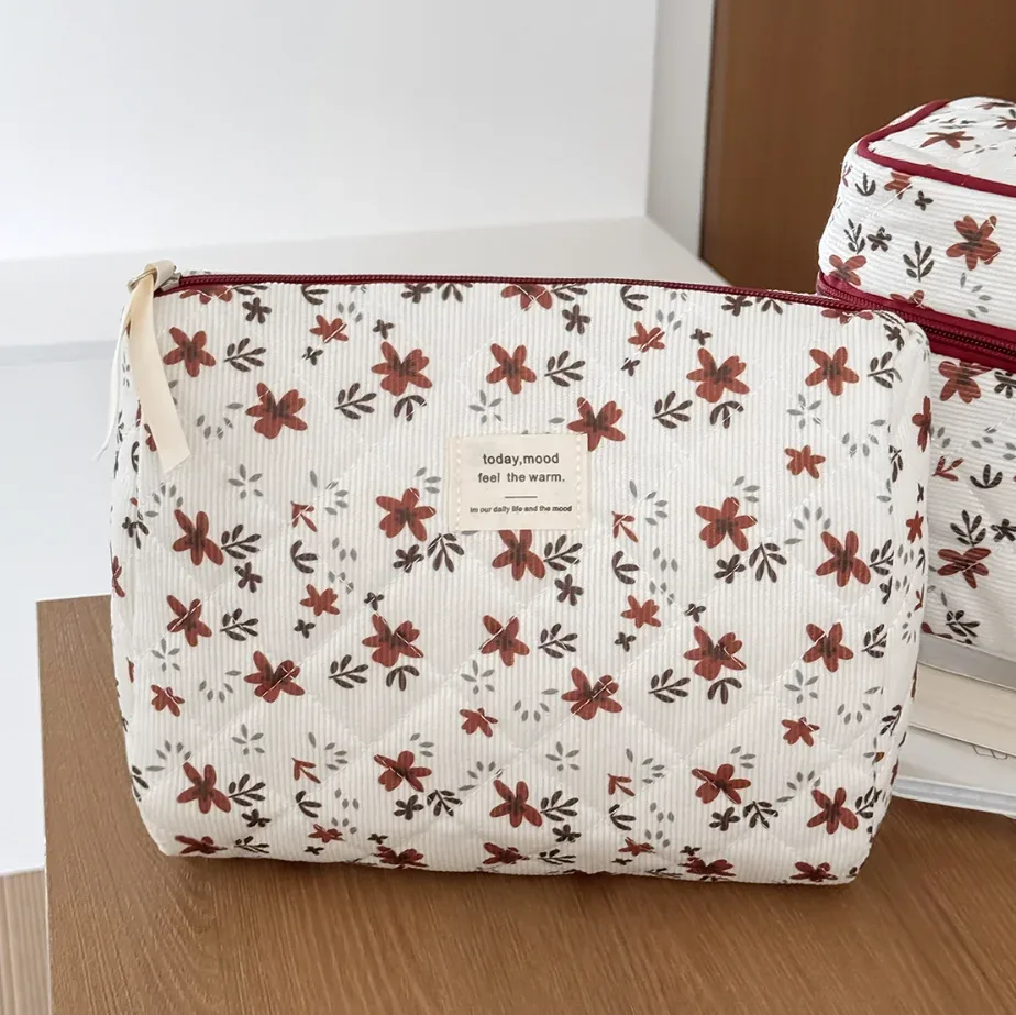 sac de rangement de voyage en coton matelassé pour femmes, sacs à cosmétiques rétro cerise, design mignon, trousse à crayons pour filles, trousse de maquillage, sacs à main