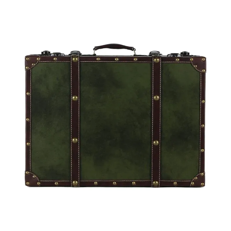 valise cuir pu vert foncé rivets dorés poignées cuir marron intérieur noir voyage décoration