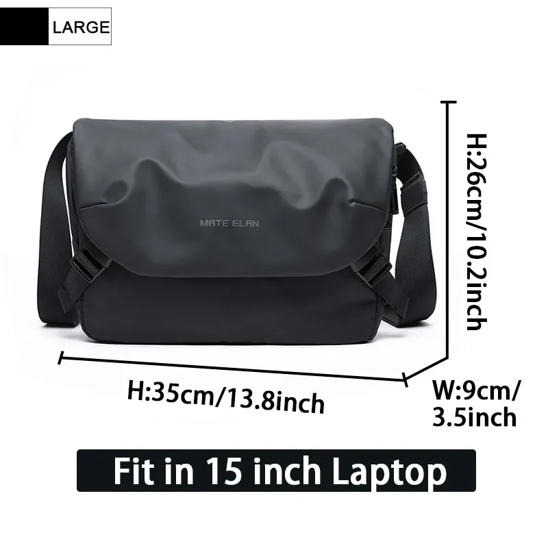 sac à bandoulière étanche pour hommes, grande capacité pour ordinateur portable de 15 pouces, sac à bandoulière tendance solide noir léger, sac portable antivol à fermeture éclair