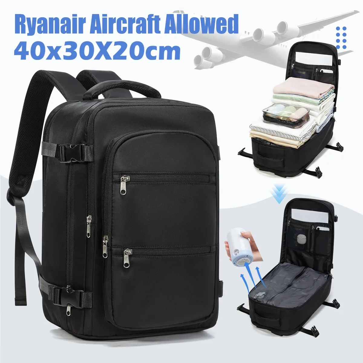 sac dos nylon noir compact compression compartiment ordonné poche ordinateur portable ceinture coussin air usage voyage