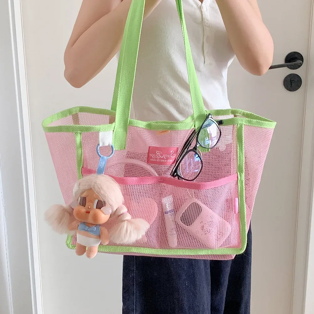 sac fourre-tout en maille mignon, sac de plage portable, respirant, à séchage rapide, pliable, grande capacité, sac à bandoulière pour femmes et filles