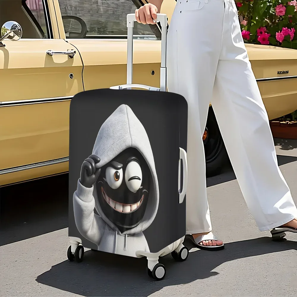housse valise polyester design humoristique personnage souriant sweatshirt capuche fond noir roues transport protection voyager