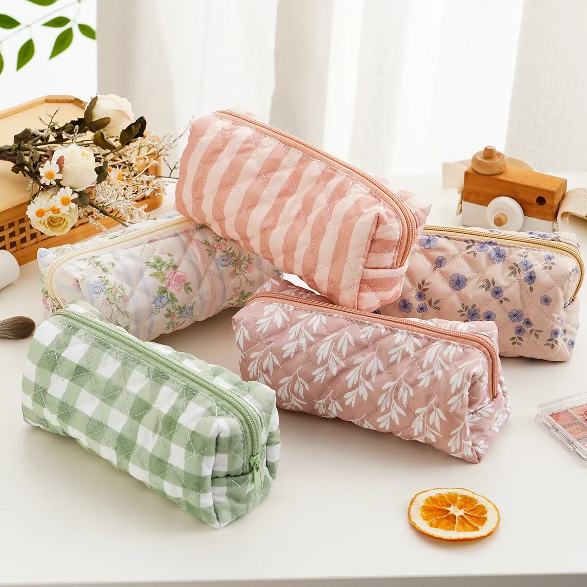 elinfant 1 sac de rangement matelassé imprimé floral, grande trousse de maquillage de voyage esthétique