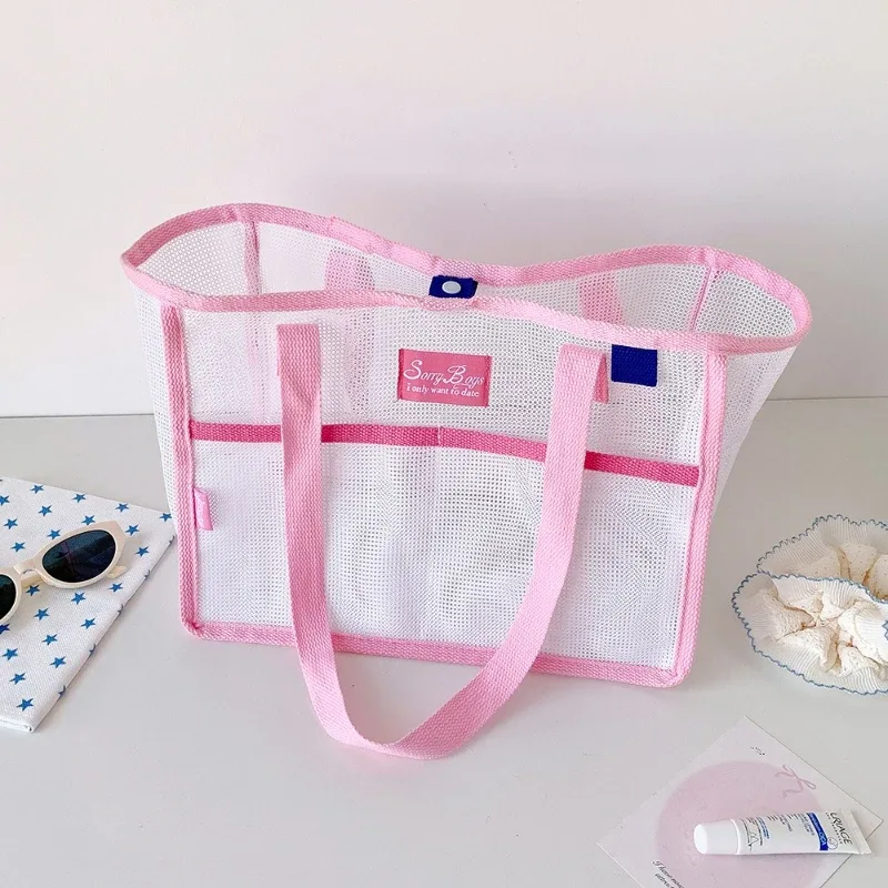 sac fourre-tout en maille mignon, sac de plage portable, respirant, à séchage rapide, pliable, grande capacité, sac à bandoulière pour femmes et filles