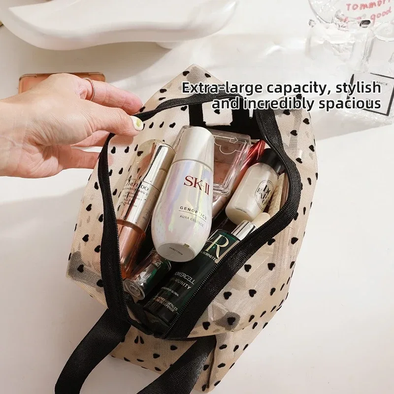 pochette de maquillage en forme de cœur en maille transparente, sac cosmétique multifonctionnel portable, pochette de rangement pour articles de toilette, sacs de voyage à fermeture éclair pour rouges à lèvres