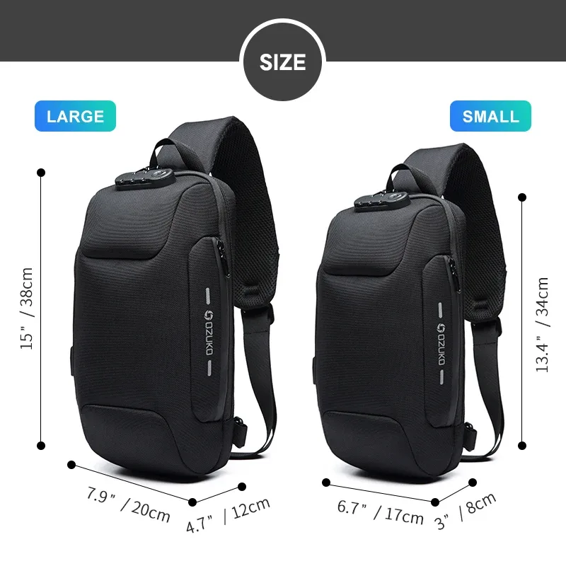 sac bandoulière antivol ozuko 2026 pour homme – sacoche de poitrine étanche pour courts trajets