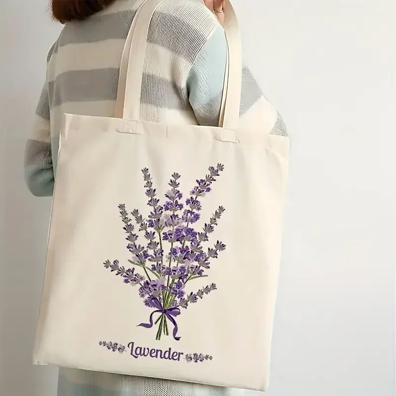 sac fourre-tout en toile beige à motifs floraux, imprimé botanique lavande et camomille, grand sac à bandoulière pour les amateurs de jardinage et de plage