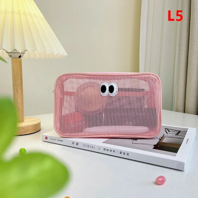 trousse de maquillage portable kawaii, sac cosmétique en maille, sac de rangement de produits de toilette, poudres de maquillage, grands yeux mignons, nouveau document de bonbons