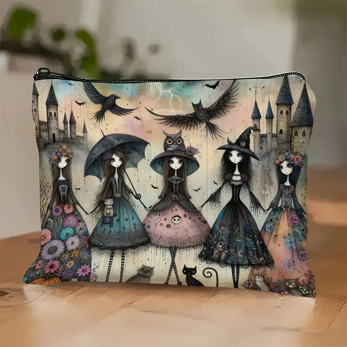 trousse de maquillage gothique fantaisiste – pochette cosmétique design sorcière enchantée, chat noir et hibou pour voyage, sac de rangement sur le thème d'halloween
