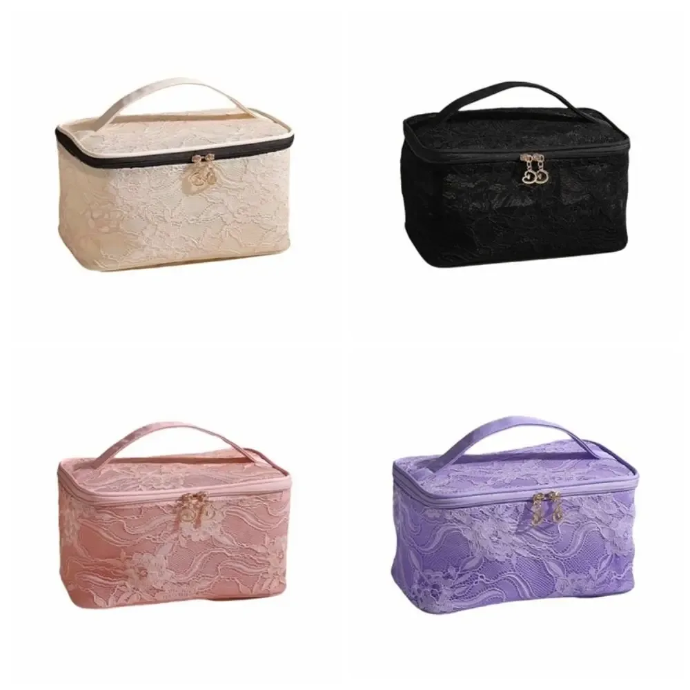 trousse de maquillage élégante en dentelle couleur unie florale avec poignée, sac de rangement cosmétique multifonctionnel grande capacité, trousse de toilette pour fête