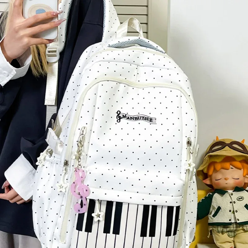 sac à dos d'étudiant grande capacité, sac à bandoulière double, imprimé à pois clavier de piano, sac de voyage scolaire, style coréen vintage