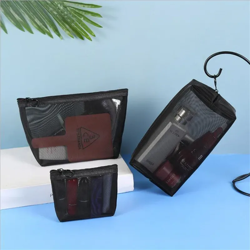 sacs à cosmétiques transparents en maille, petite et grande trousse de maquillage noire, trousse de toilette de voyage portable, trousse de rangement pour rouge à lèvres, poudres, 1pc