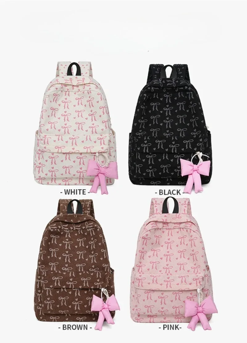 sac à dos en velours côtelé avec pendentif nœud, grande capacité, imprimé nœud, pour étudiants, femmes, voyage, sacoche pour ordinateur portable 2026