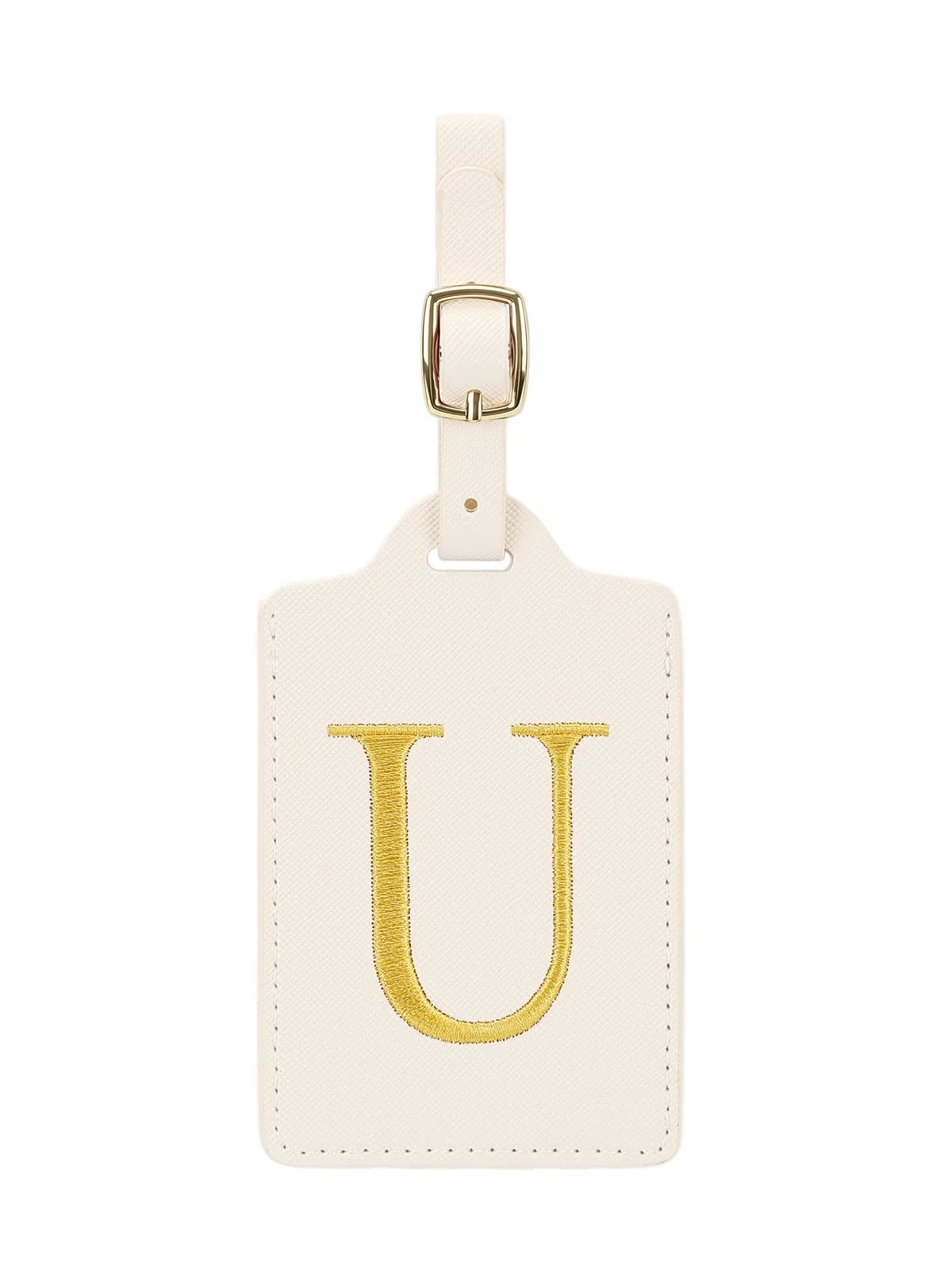 étiquette bagage polyester lettre dorée cuir blanc rectangulaire identification voyage unisexe alphabet fixation anneau métallique