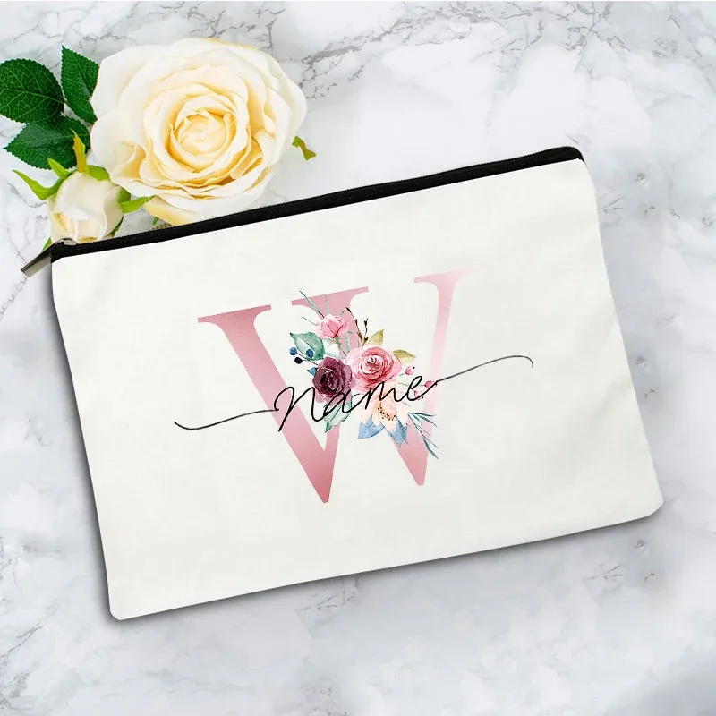 trousse de maquillage personnalisée rose à motifs floraux avec initiale, pochette cosmétique en toile personnalisée, organisateur de voyage pour articles de toilette pour femmes