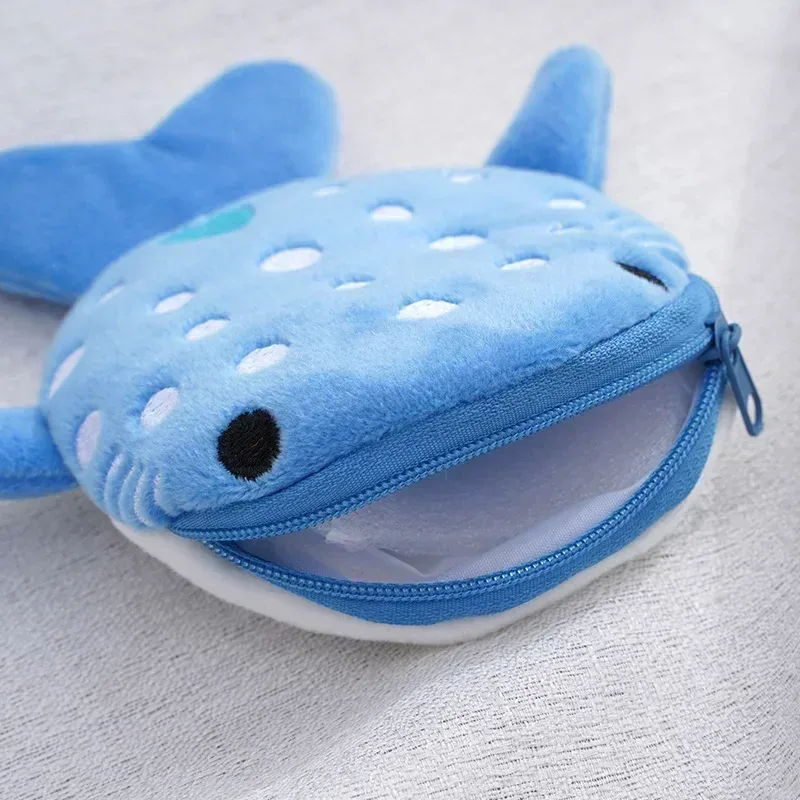 porte-monnaie en peluche mignon requin baleine dessin animé, portefeuille kawaii portable, sac à monnaie, organiseur de clés et écouteurs, pochette zippée