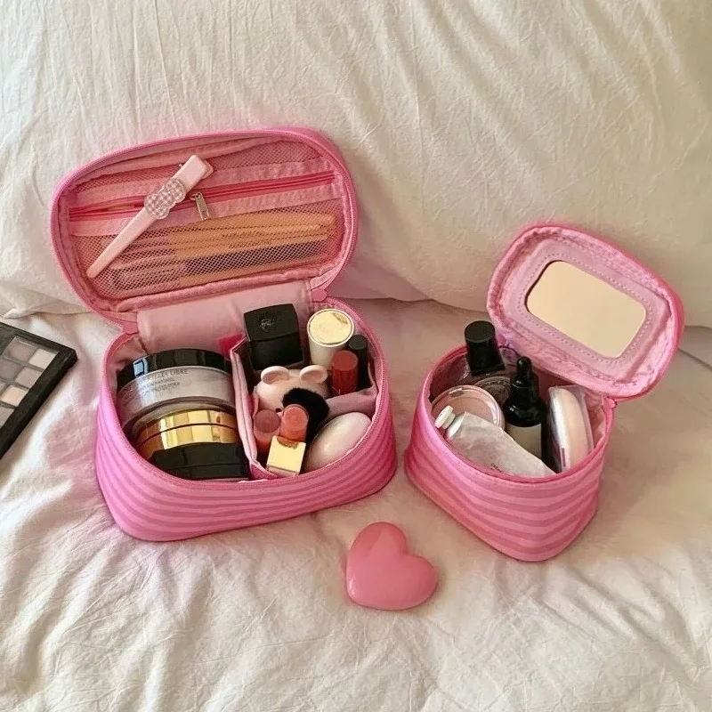 trousse de maquillage de voyage portable rose rayée grande capacité avec miroir, pochette organisateur de toilette à main pour femme, idée cadeau