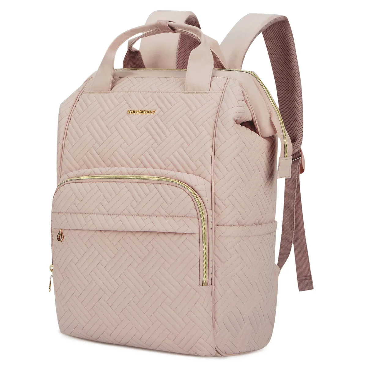 sac dos nylon rose pâle motif géométrique relief poches latérales grande ouverture fermeture glissière bandoulière arquée usage voyage universitaire