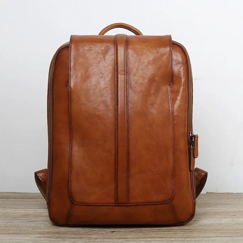 nzpj-sac à dos en cuir de vachette naturel pour homme, sac d'ordinateur décontracté, sac d'école rétro haute capacité, sac chimmen pour ordinateur portable 15.6"