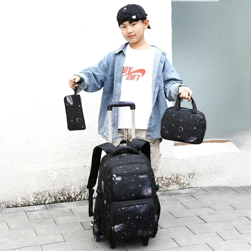 sac d'école enfants sac à dos roulant pour garçon sac à dos à roulettes sac d'école avec roues chariot bookbag bagage à main avec sac à déjeuner