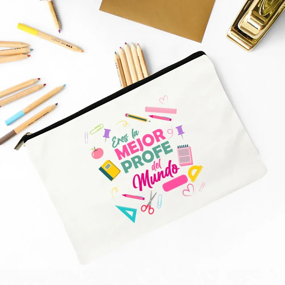 meilleur professeur du monde sac de maquillage imprimé espagnol nécessaire de voyage pochette de rangement d'articles de toilette sacs à crayons cadeau de diplômé pour enseignant