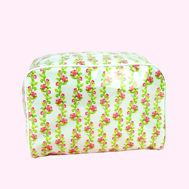 sac de rangement floral printemps-été, trousse de toilette portable mignonne pour femme, sac cosmétique imprimé en pvc transparent et nylon, pochette de voyage pour articles de toilette