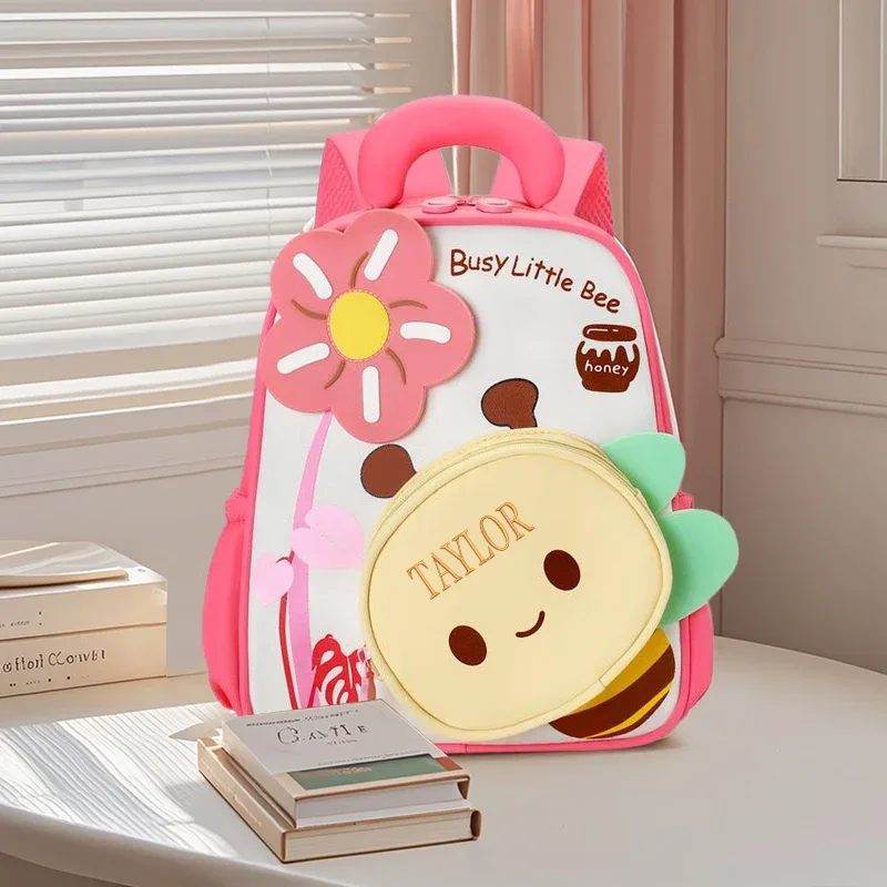 sac dos polyester rose motifs abeilles fleurs enfants double bandoulière grande capacité voyager école