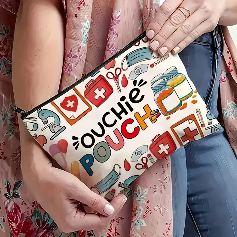 ouchie pouch, jolie trousse médicale et de maquillage, sac de voyage portable avec fermeture éclair, trousse de toilette légère beige, pochette de rangement pour cosmétiques, cadeau pour infirmières.
