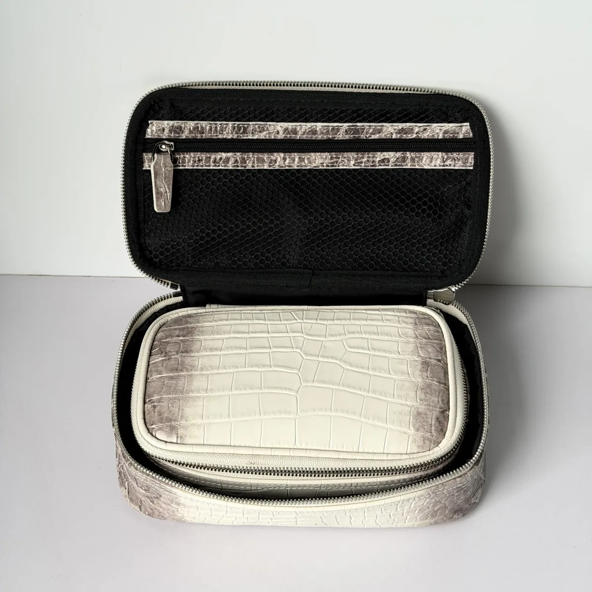 sac cosmétique en cuir véritable motif crocodile de l'himalaya, sac de toilette portable pour femmes, sac de rangement pour cosmétiques