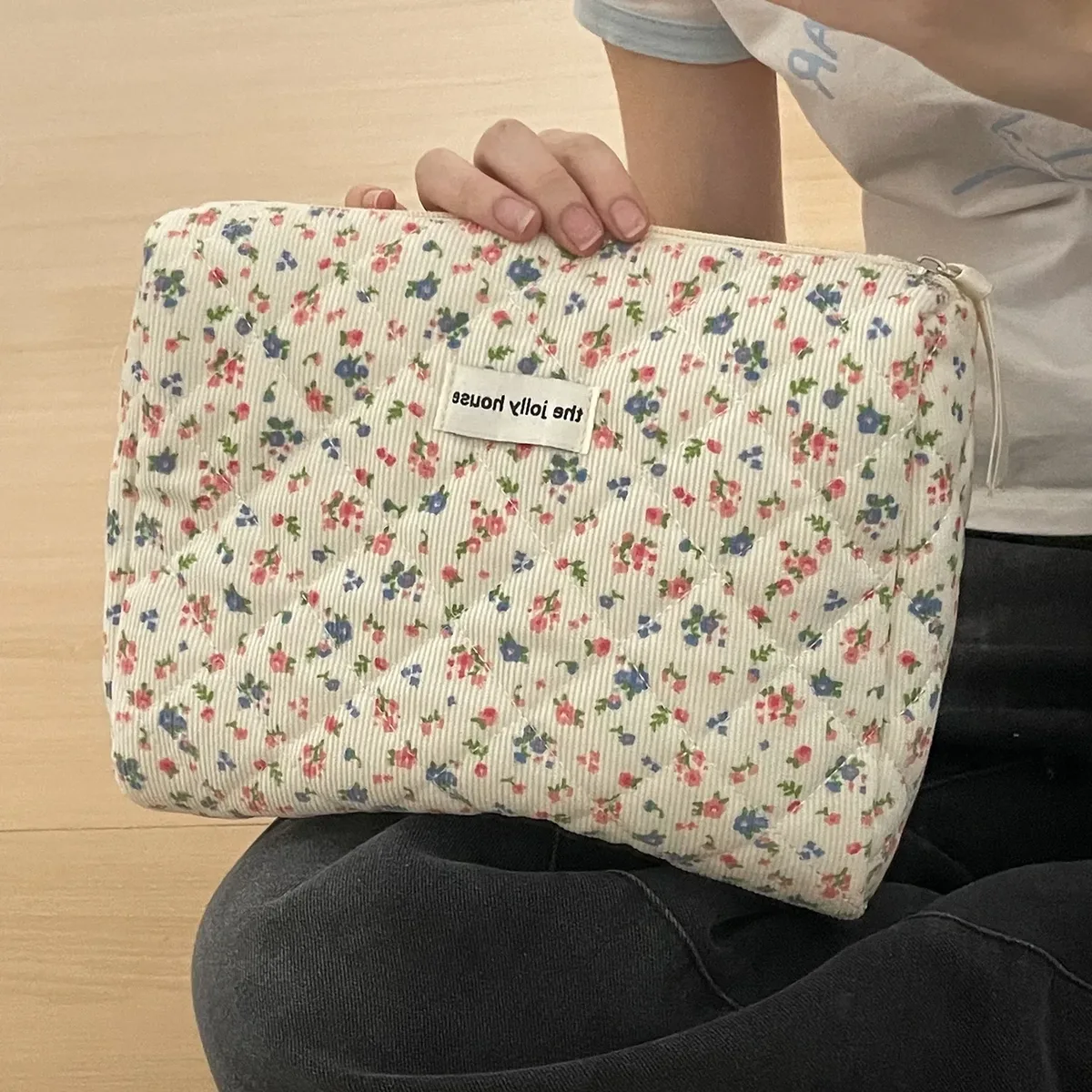 sacs de rangement floraux doux pour femmes, sac à cosmétiques rétro en velours côtelé pour dames, trousse de maquillage portable de voyage, pochette, sacs à main
