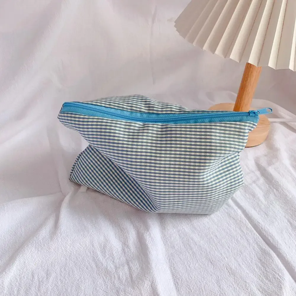 sac de maquillage à carreaux avec fermeture éclair, pochette de rangement en coton, sac à cosmétiques de grande capacité, sac de rangement portable pour femmes, sac à main simple