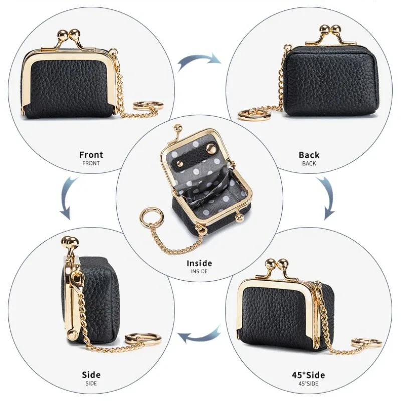 porte-monnaie miniature en cuir véritable avec fermoir à pression et chaîne, petite pochette à fermoir pour femmes, sac de rangement pour bijoux, porte-monnaie compact et solide.