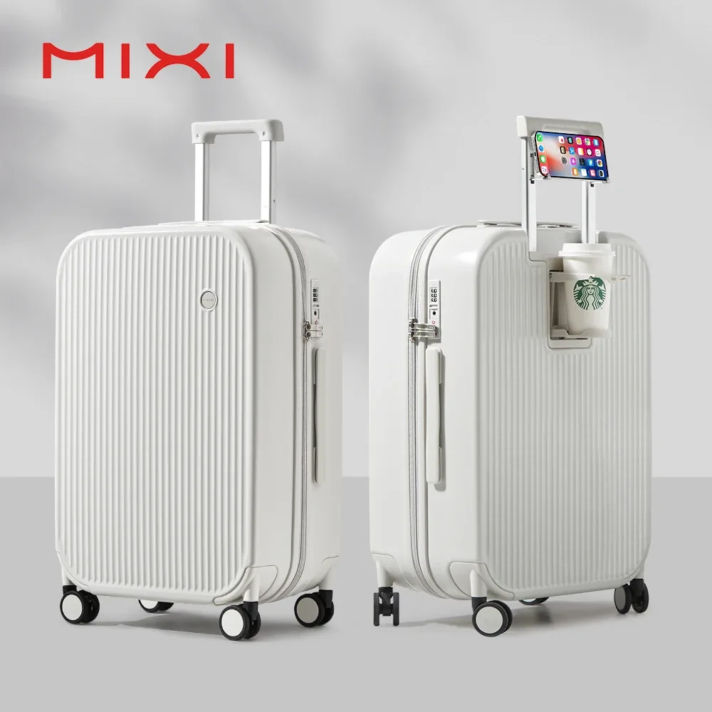 mixi nouveau design valise bagage à main avec tasse support pour téléphone coque rigide bagage roulant pc spinner roues boîtier de chariot