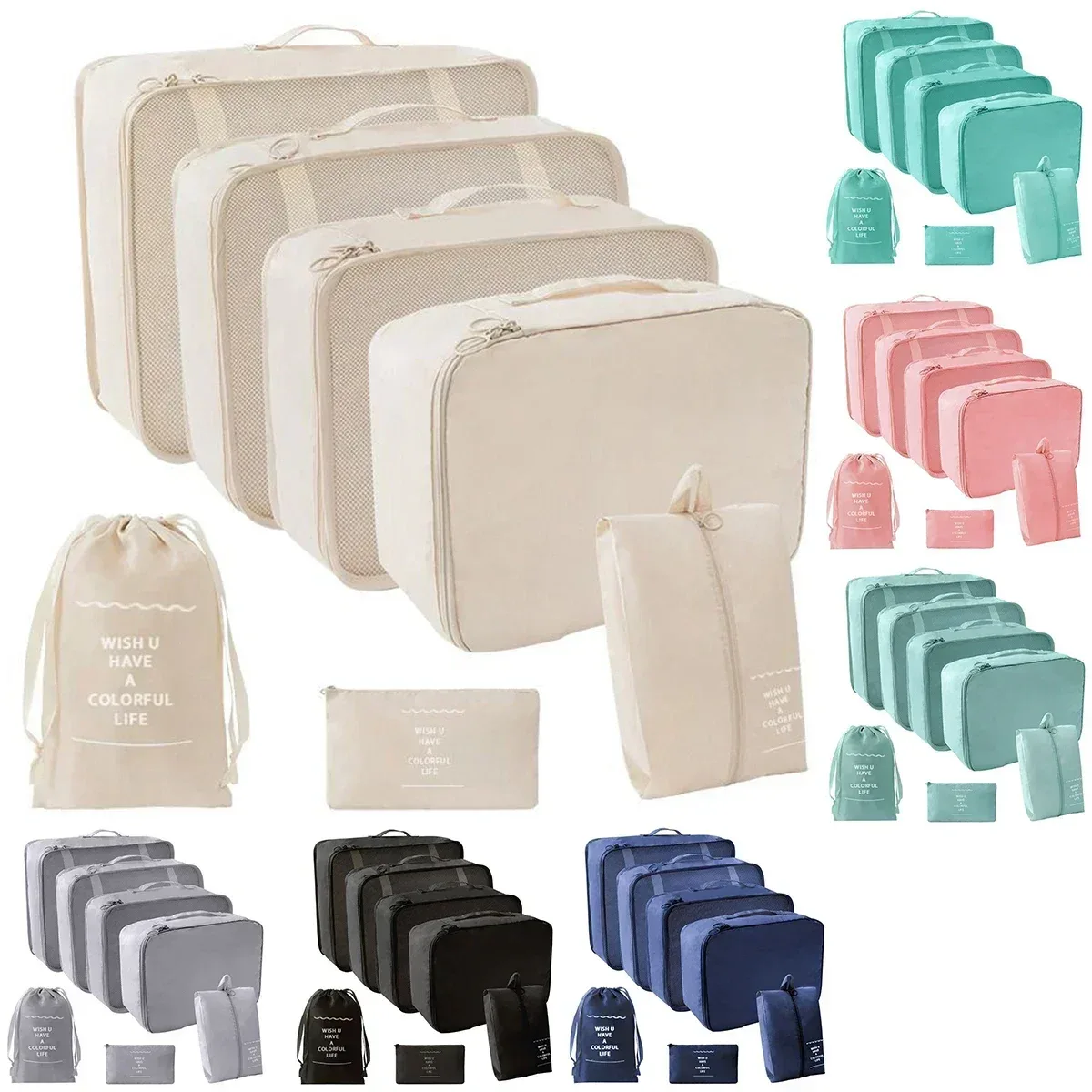 organisateur voyage polyester gris beige poches zippées compartiments petite taille grande taille compression sac valise accessoires vêtements rangement pratique fonctionnel