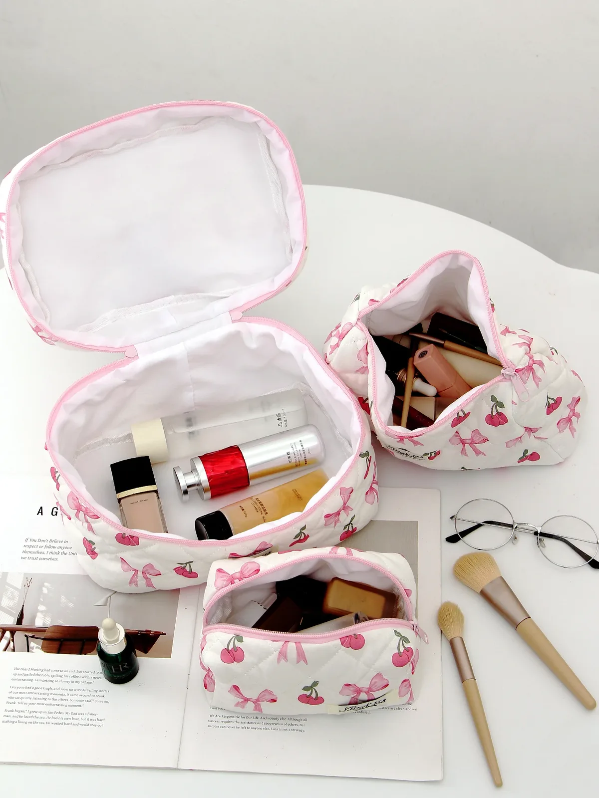 trousse polyester cerises rubans blanc rose voyage cosmétiques maquillage portable matelassée fermeture éclair multifonctionnelle