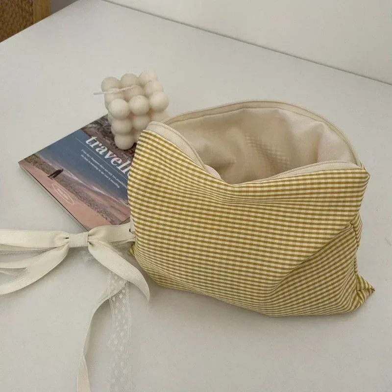 trousse de maquillage de voyage, pochette simple portable, sac à cosmétiques pour femmes, trousse de maquillage à carreaux, grande capacité, pochette en coton à fermeture éclair
