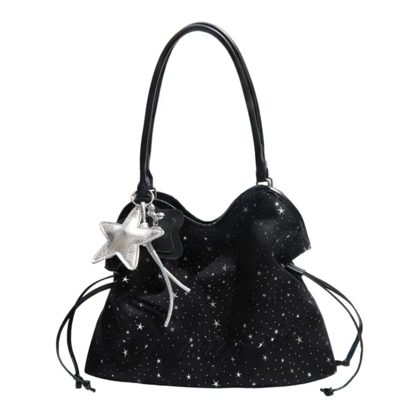 ceekay sac fourre-tout grande taille en pu imprimé étoiles argentées avec pendentif étoile, cordon de serrage latéral et poignée large, sac à bandoulière décontracté