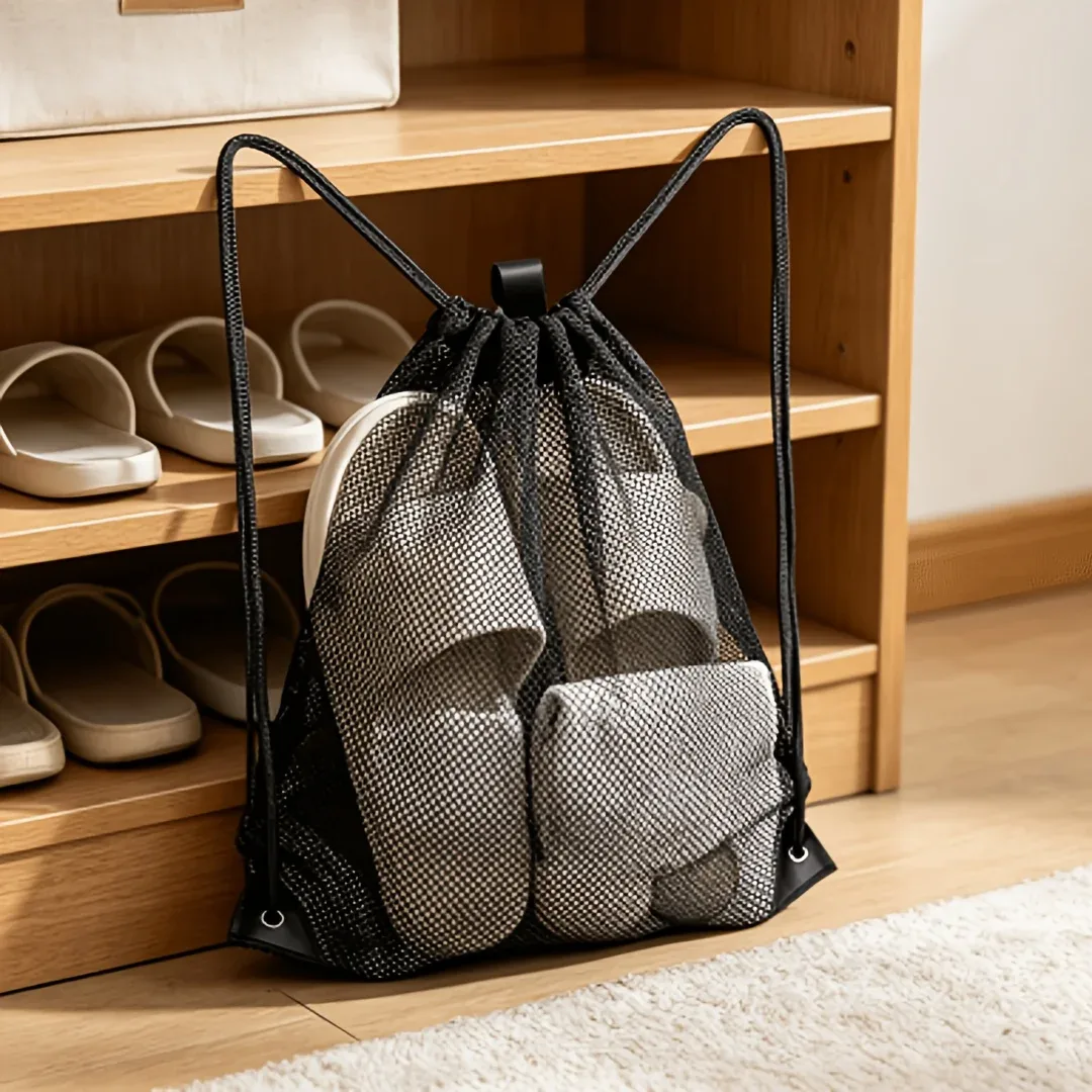 Pochette en filet noir avec cordon de serrage, sac à dos de sport respirant en filet de grande capacité, sac de rangement pour ballons de basket et de football, sac de toilette pour la gym et la natation, sac de courses en filet pour fruits et légumes, sac de rangement multifonctionnel portable