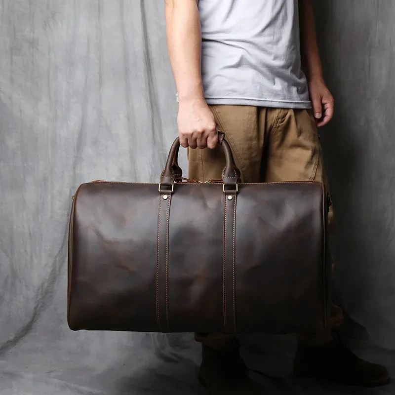 sac de voyage vintage en cuir véritable pour homme nzpj, grande capacité, sac à main en cuir crazy horse, sac à bandoulière en cuir de vache naturel