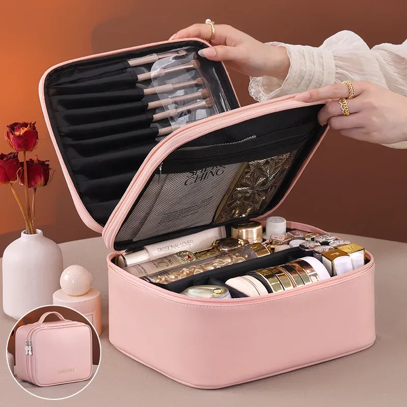 grande trousse de maquillage en cuir pu pour femmes, organisateur de cosmétiques à plusieurs compartiments, sac de rangement imperméable pour pinceaux de maquillage.